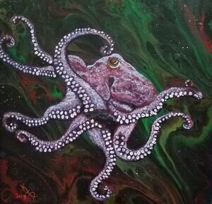 Sea Space Octopus Art Print from my Original Work 12" x 12" Acid Free Paper